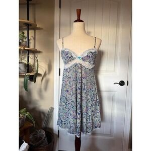 Victorias Secret Floral Lace Trim Nightgown Slip Dress L G Blue